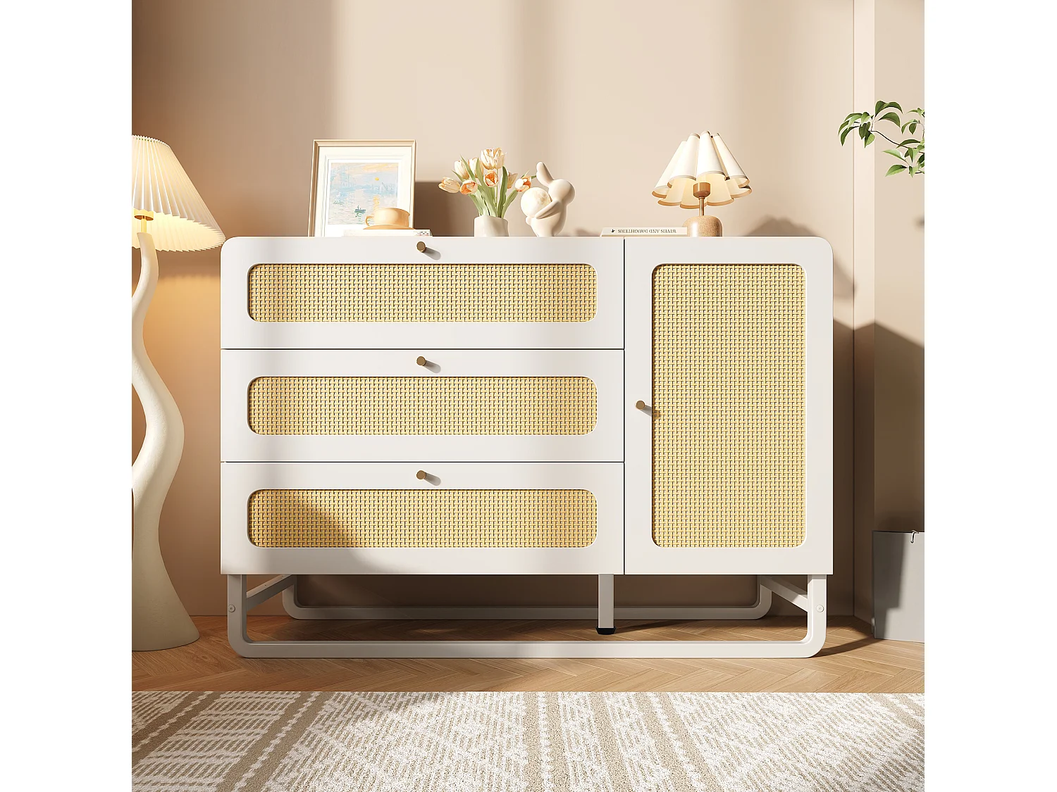 Buffet avec poignées en rotin et or - avec 3 tiroirs et 1 porte - 120 x 40 x 85 cm - bois + métal - blanc