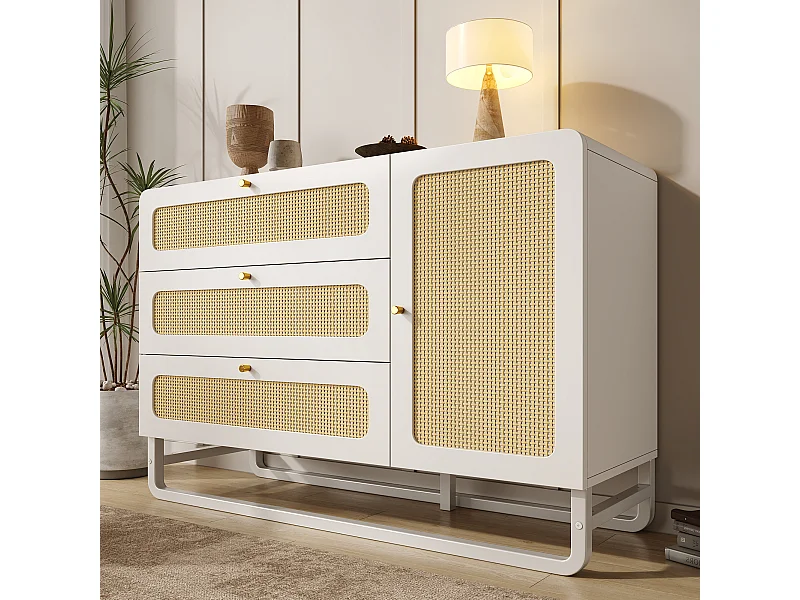 Buffet avec poignées en rotin et or - avec 3 tiroirs et 1 porte - 120 x 40 x 85 cm - bois + métal - blanc