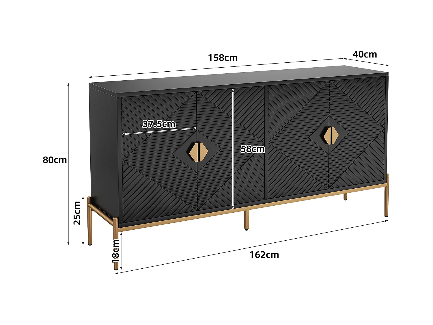 Credenze con 4 ante - adatte per soggiorno/sala da pranzo/corridoio - 162 x 40 x 80 cm - MDF + truciolato - nero