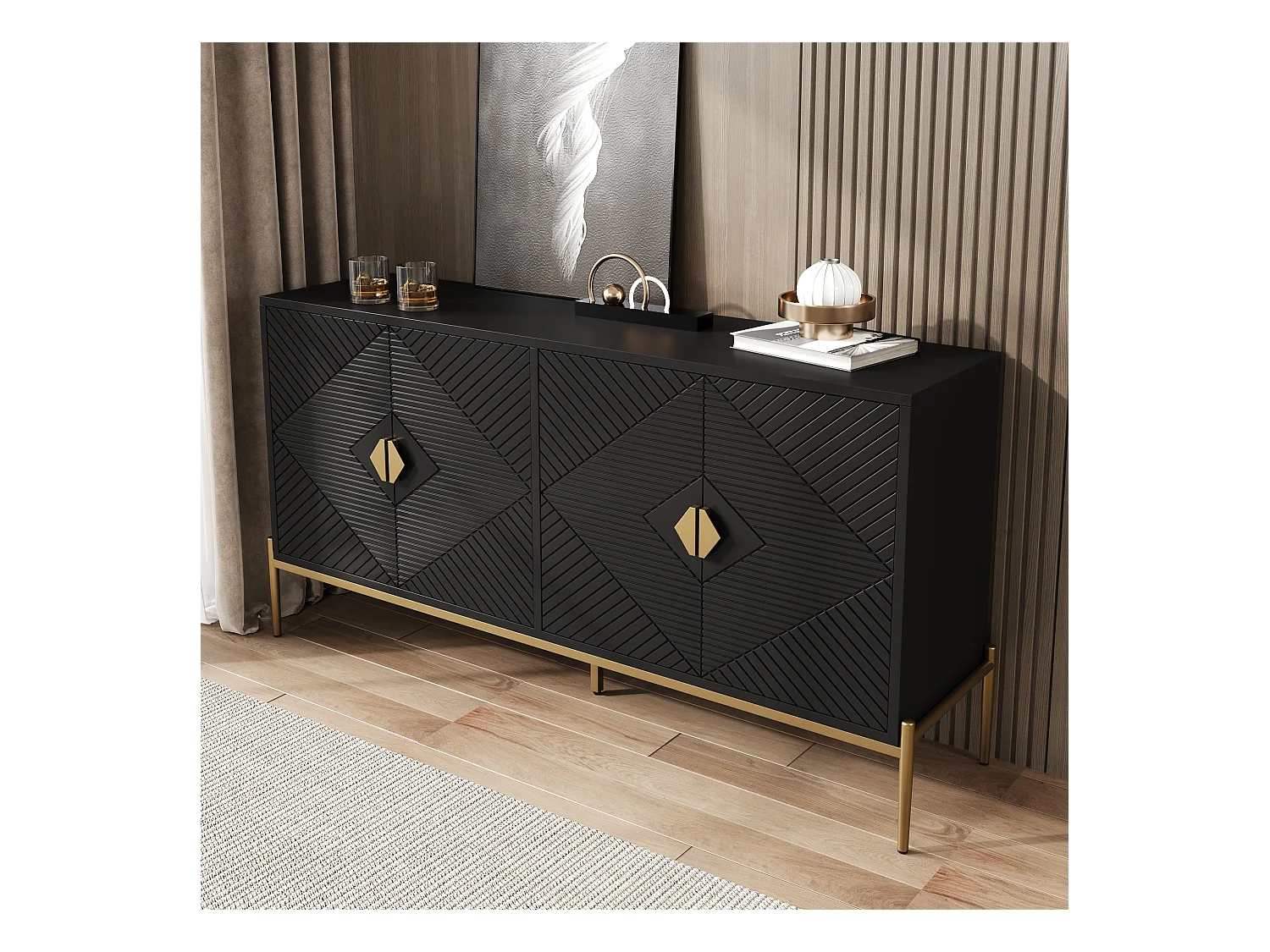 Credenze con 4 ante - adatte per soggiorno/sala da pranzo/corridoio - 162 x 40 x 80 cm - MDF + truciolato - nero