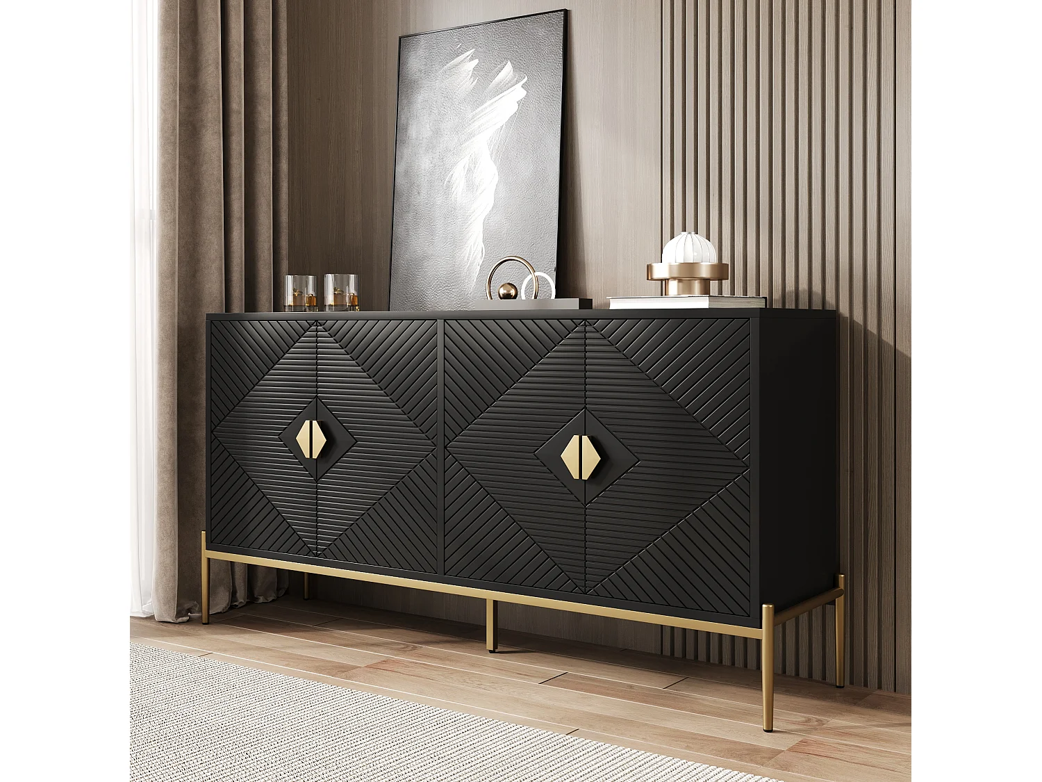 Sideboards mit 4 Türen - geeignet für Wohnzimmer/Esszimmer/Flur - 162 x 40 x 80 cm - MDF + Spanplatte - Schwarz