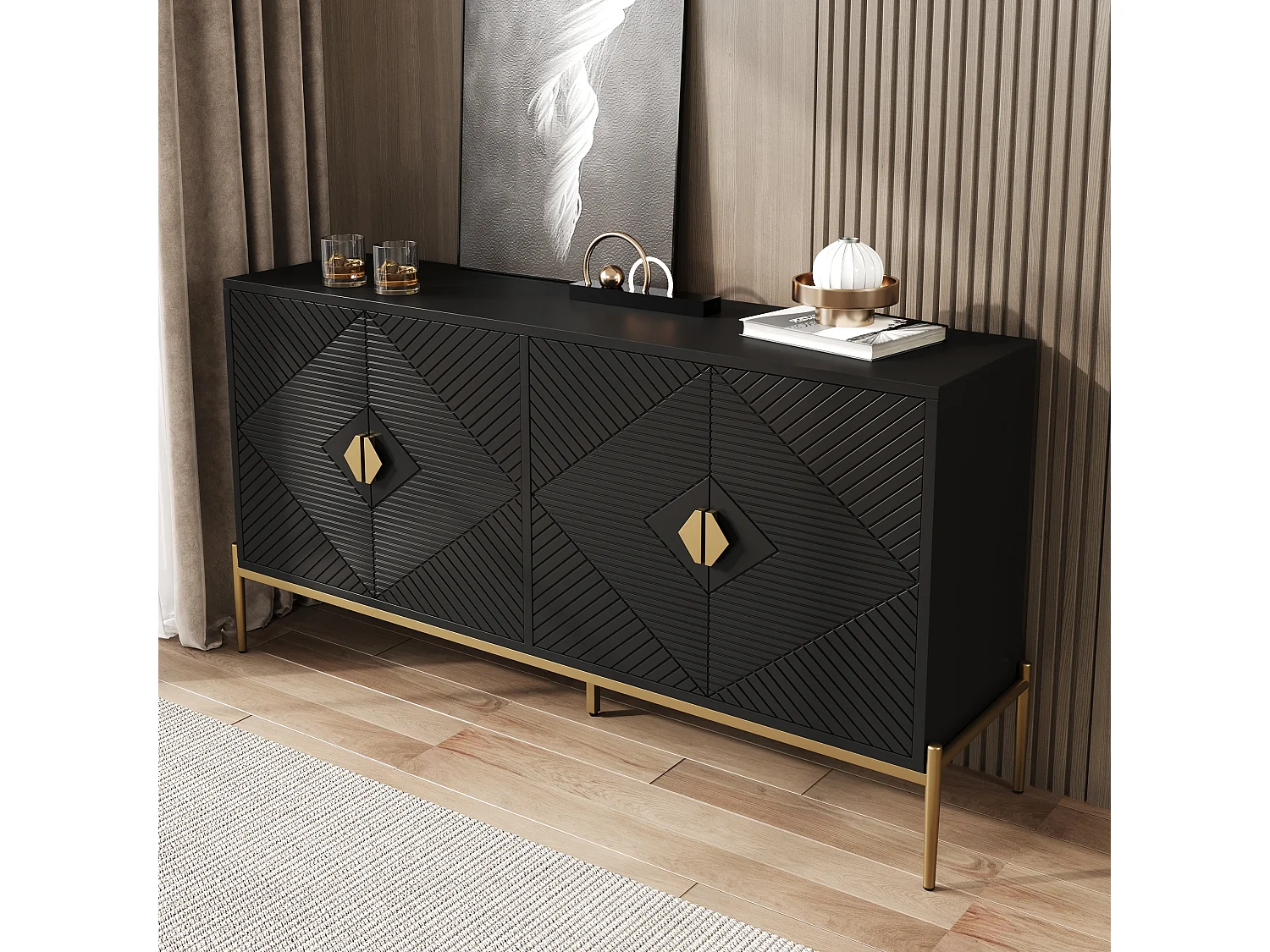 Sideboards mit 4 Türen - geeignet für Wohnzimmer/Esszimmer/Flur - 162 x 40 x 80 cm - MDF + Spanplatte - Schwarz
