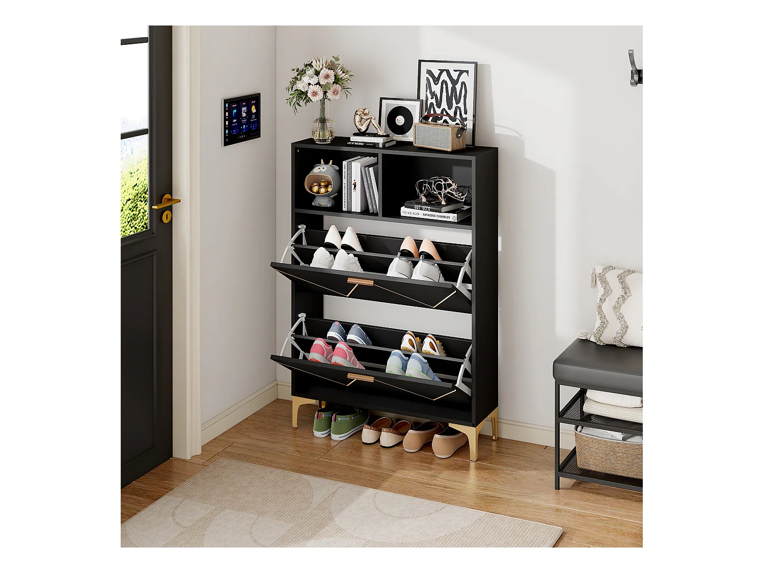 Zapatero con 2 puertas inferiores abatibles + 2 estantes semiabiertos - 80 x 25 x 117 cm - MDF - negro