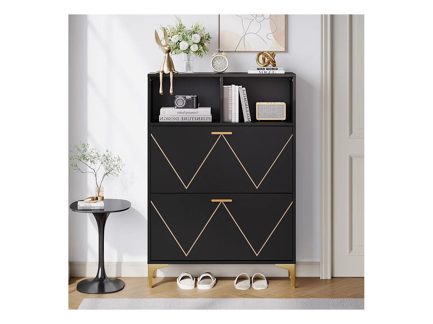 Zapatero con 2 puertas inferiores abatibles + 2 estantes semiabiertos - 80 x 25 x 117 cm - MDF - negro