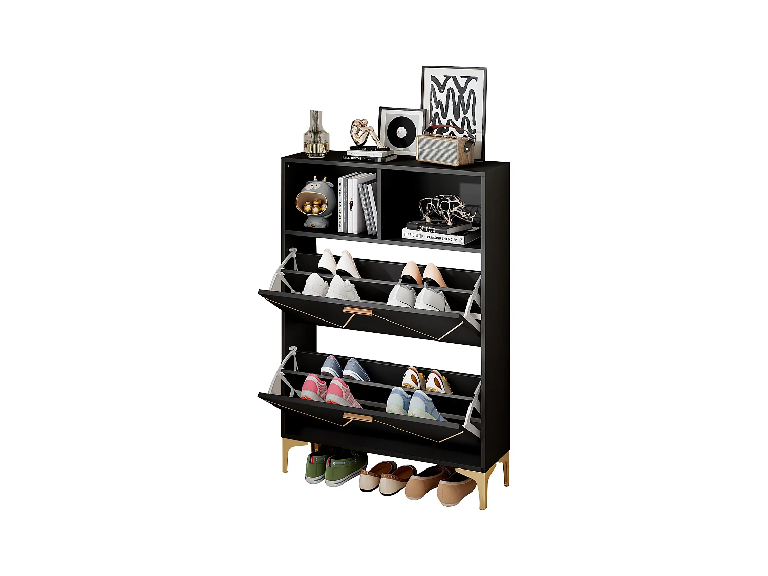 Zapatero con 2 puertas inferiores abatibles + 2 estantes semiabiertos - 80 x 25 x 117 cm - MDF - negro