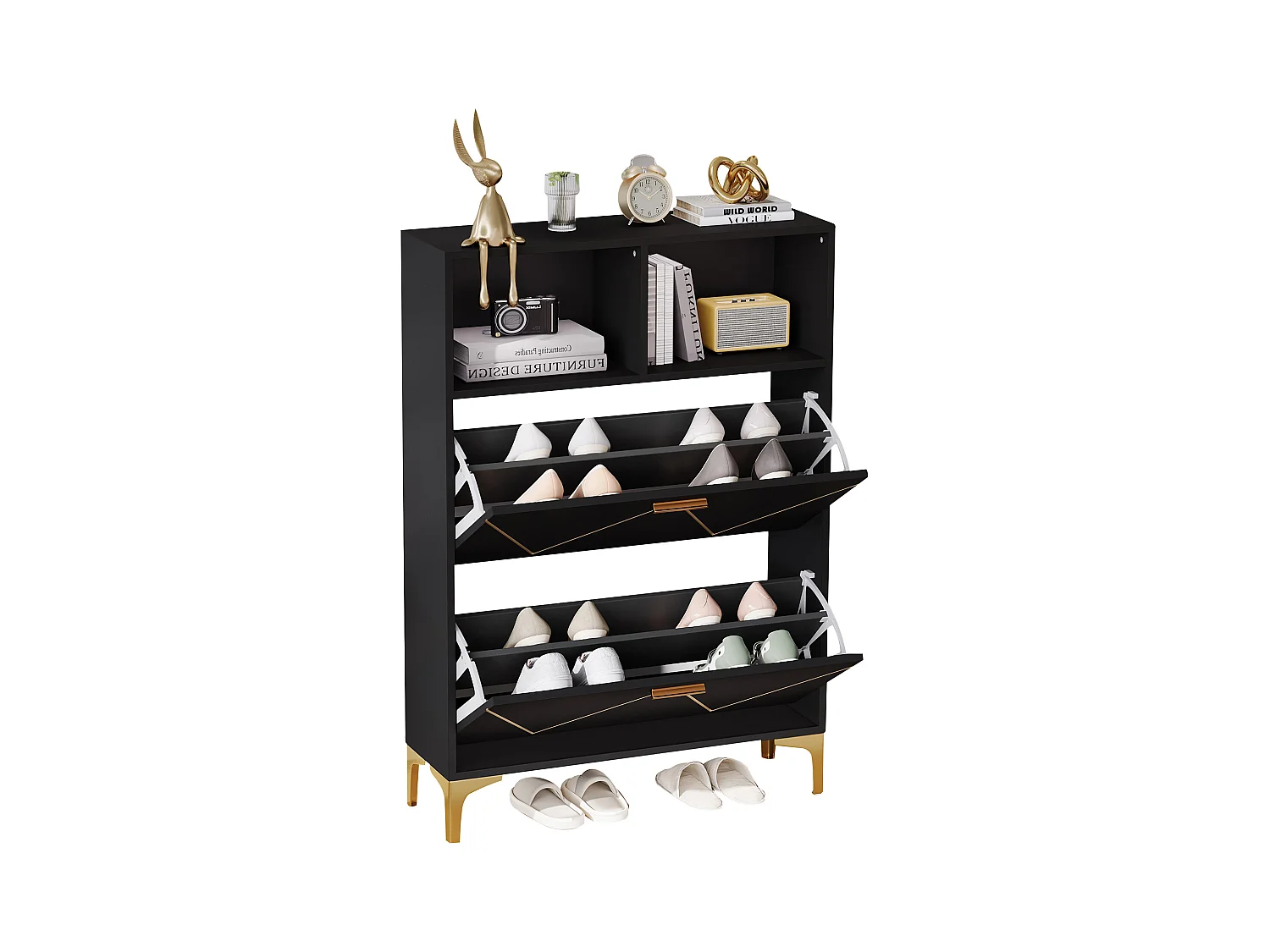 Zapatero con 2 puertas inferiores abatibles + 2 estantes semiabiertos - 80 x 25 x 117 cm - MDF - negro