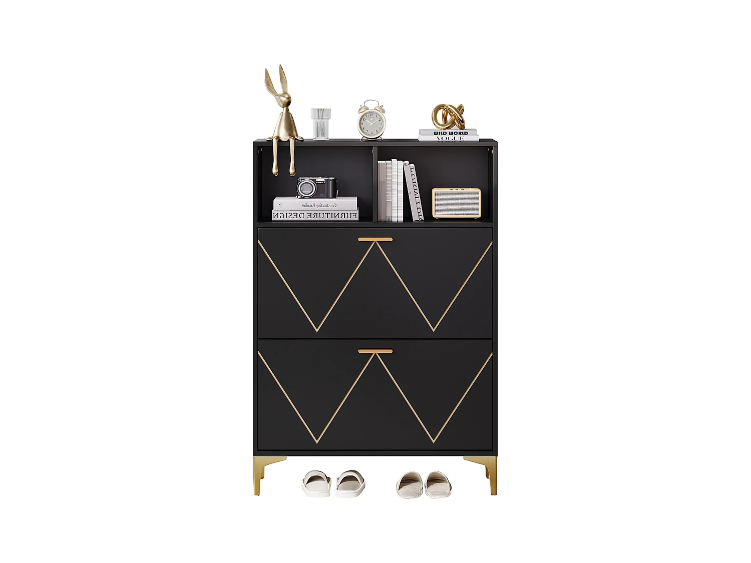 Zapatero con 2 puertas inferiores abatibles + 2 estantes semiabiertos - 80 x 25 x 117 cm - MDF - negro