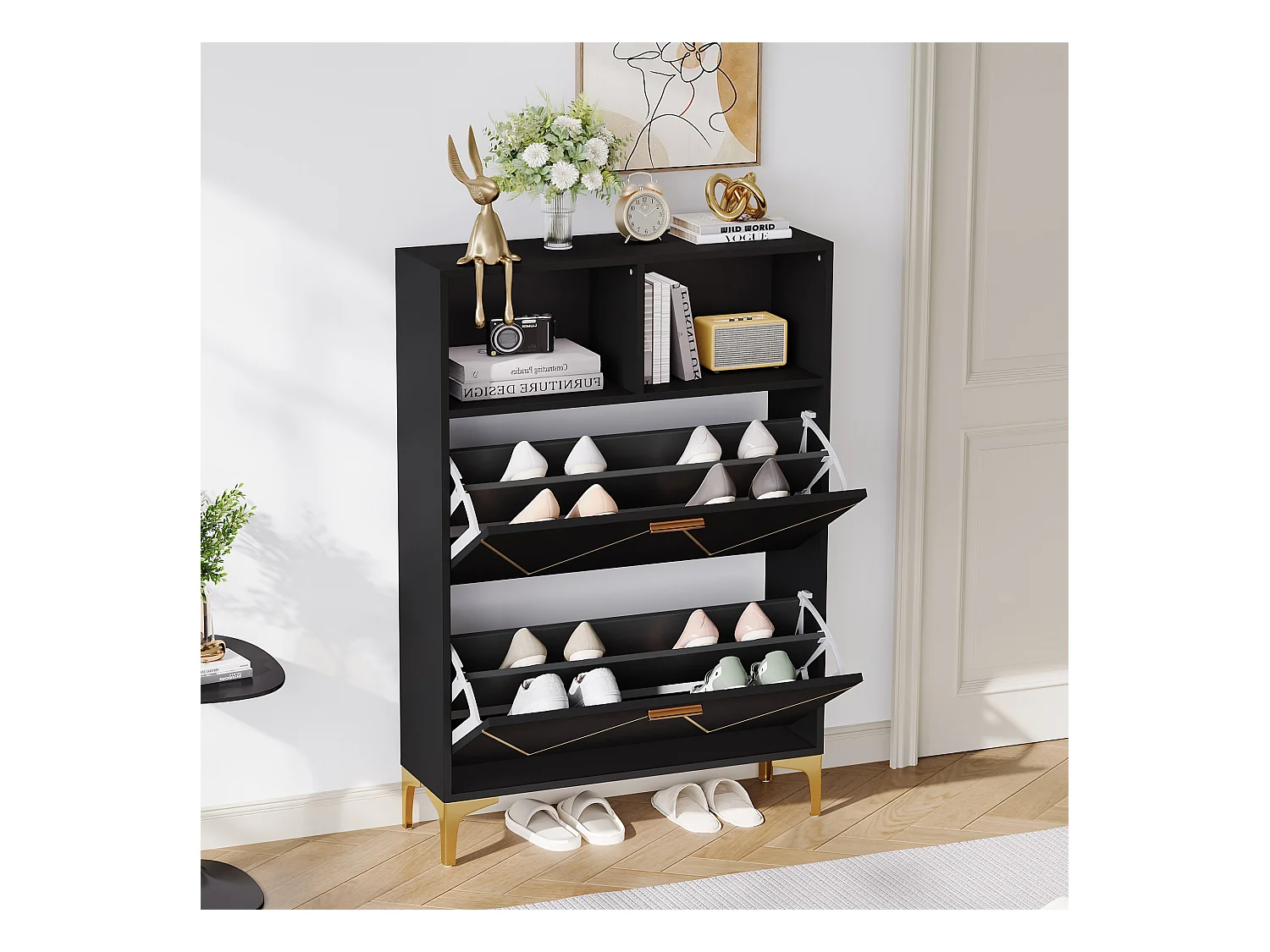 Meuble à chaussures avec 2 portes pliantes inférieures + 2 étagères semi-ouvertes - 80 x 25 x 117 cm - MDF - noir