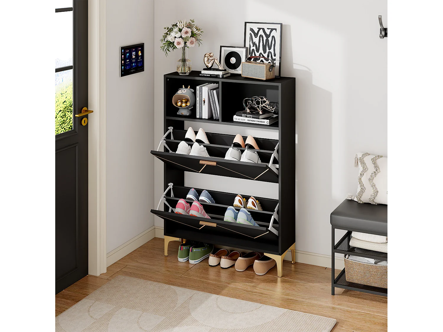 Scarpiera con 2 ante a soffietto inferiori + 2 ripiani semiaperti - 80 x 25 x 117 cm - MDF - nero