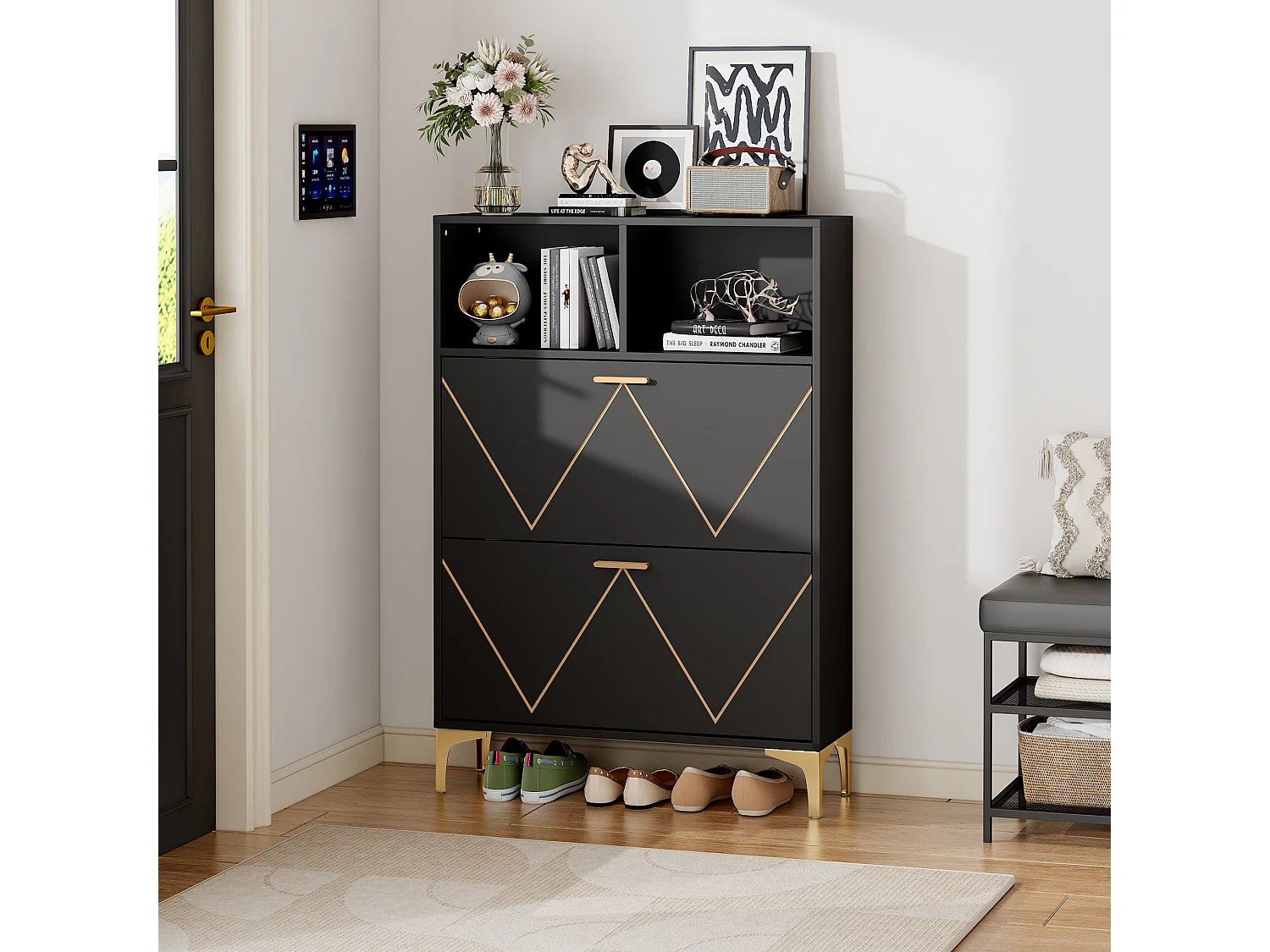 Scarpiera con 2 ante a soffietto inferiori + 2 ripiani semiaperti - 80 x 25 x 117 cm - MDF - nero