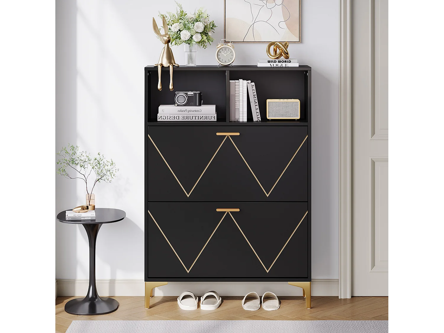 Scarpiera con 2 ante a soffietto inferiori + 2 ripiani semiaperti - 80 x 25 x 117 cm - MDF - nero