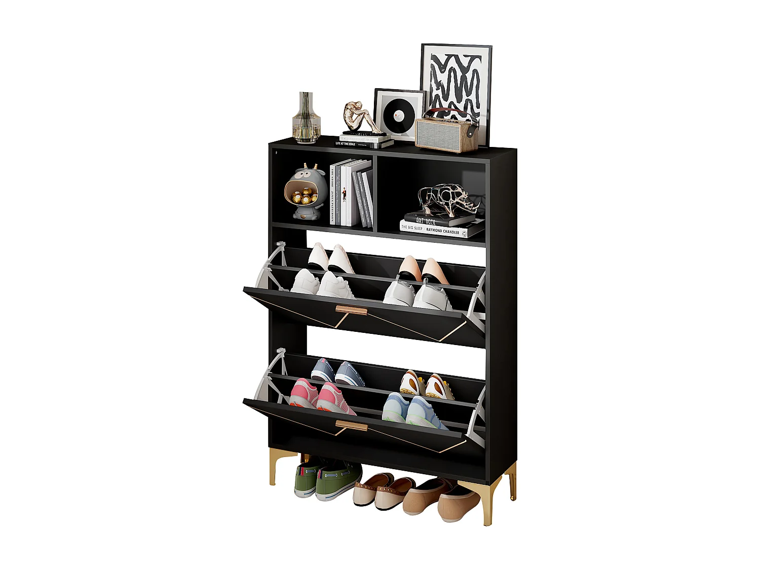 Scarpiera con 2 ante a soffietto inferiori + 2 ripiani semiaperti - 80 x 25 x 117 cm - MDF - nero