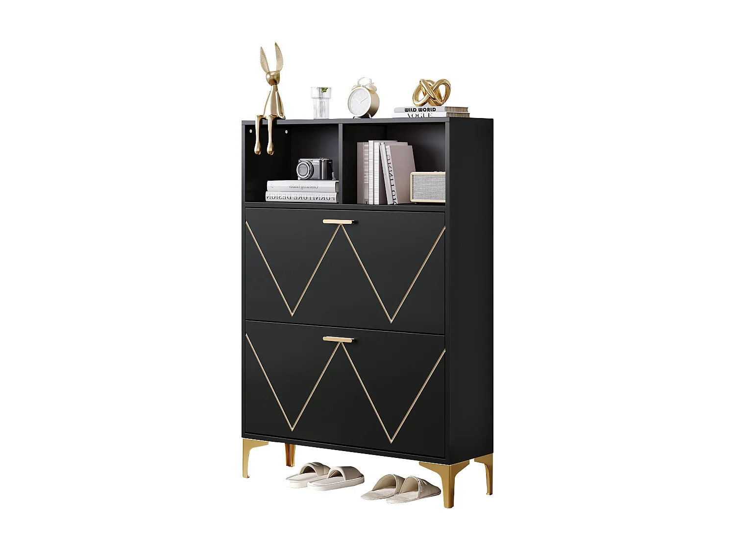 Scarpiera con 2 ante a soffietto inferiori + 2 ripiani semiaperti - 80 x 25 x 117 cm - MDF - nero