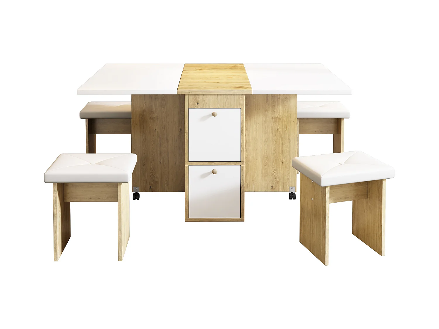 Ensemble table extensible avec rangement + 4 chaises en similicuir - pieds en bois - blanc (120x80x75 cm)