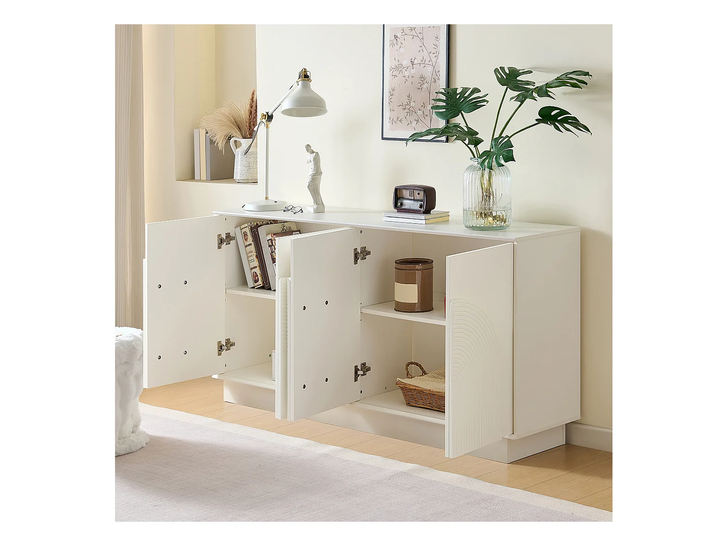 Buffet moderne avec 4 portes incurvées - pour salon et salle à manger - 160 x 38 x 80 cm - MDF - Blanc