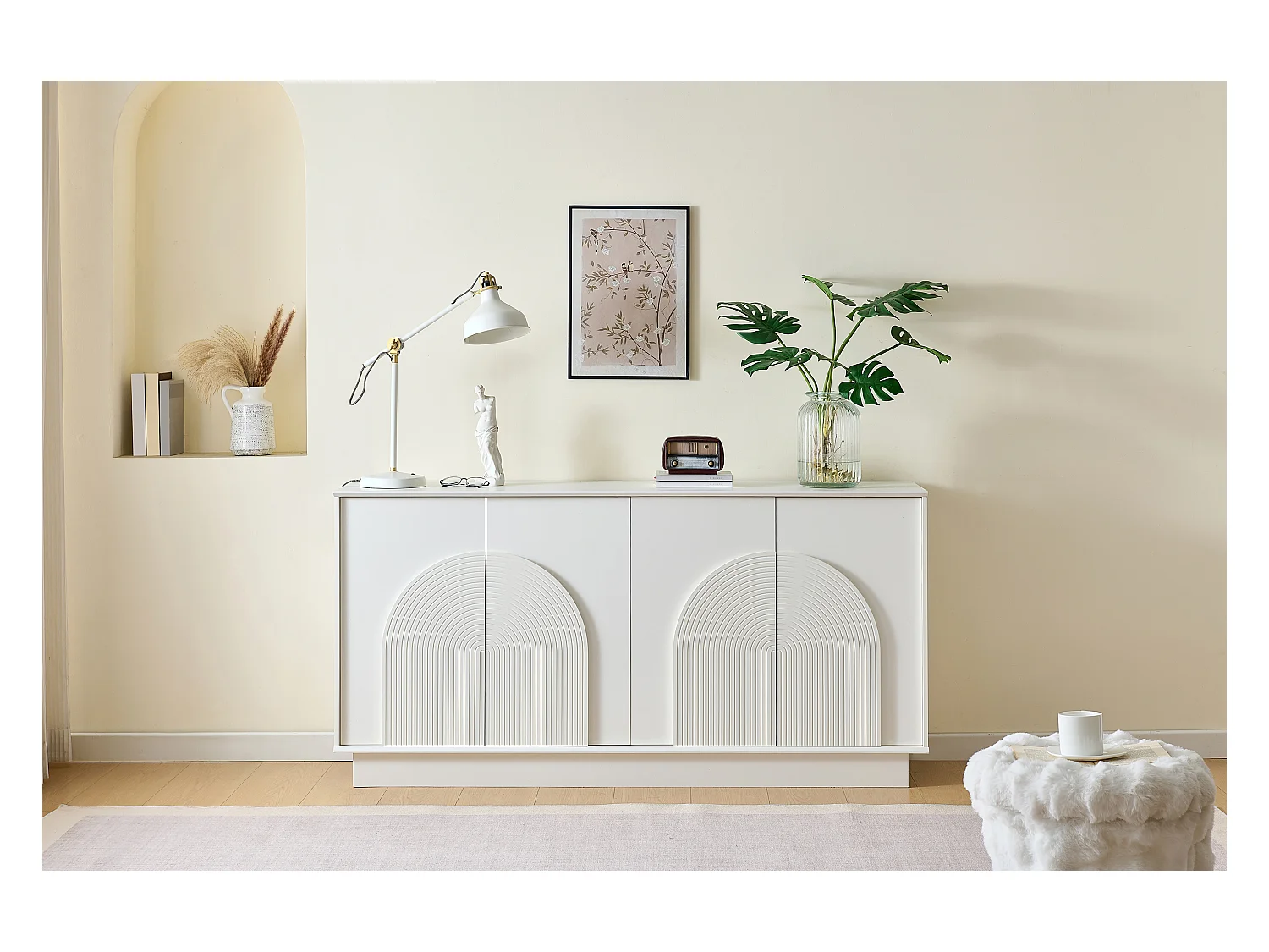 Buffet moderne avec 4 portes incurvées - pour salon et salle à manger - 160 x 38 x 80 cm - MDF - Blanc