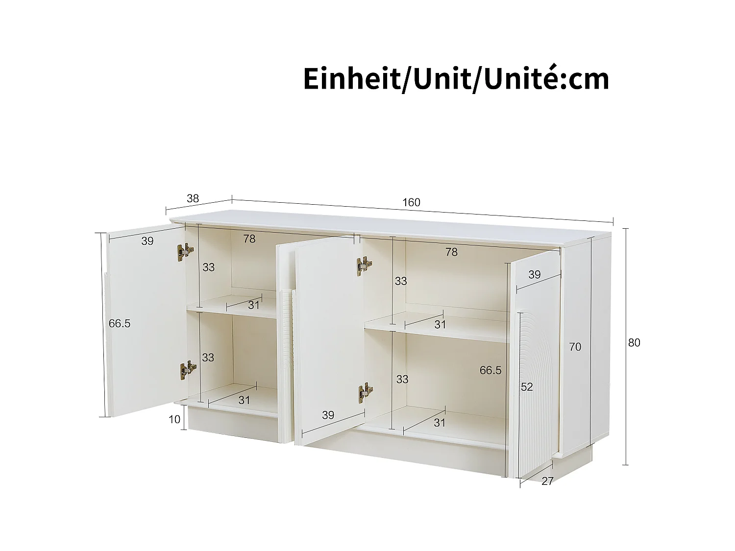 Buffet moderne avec 4 portes incurvées - pour salon et salle à manger - 160 x 38 x 80 cm - MDF - Blanc
