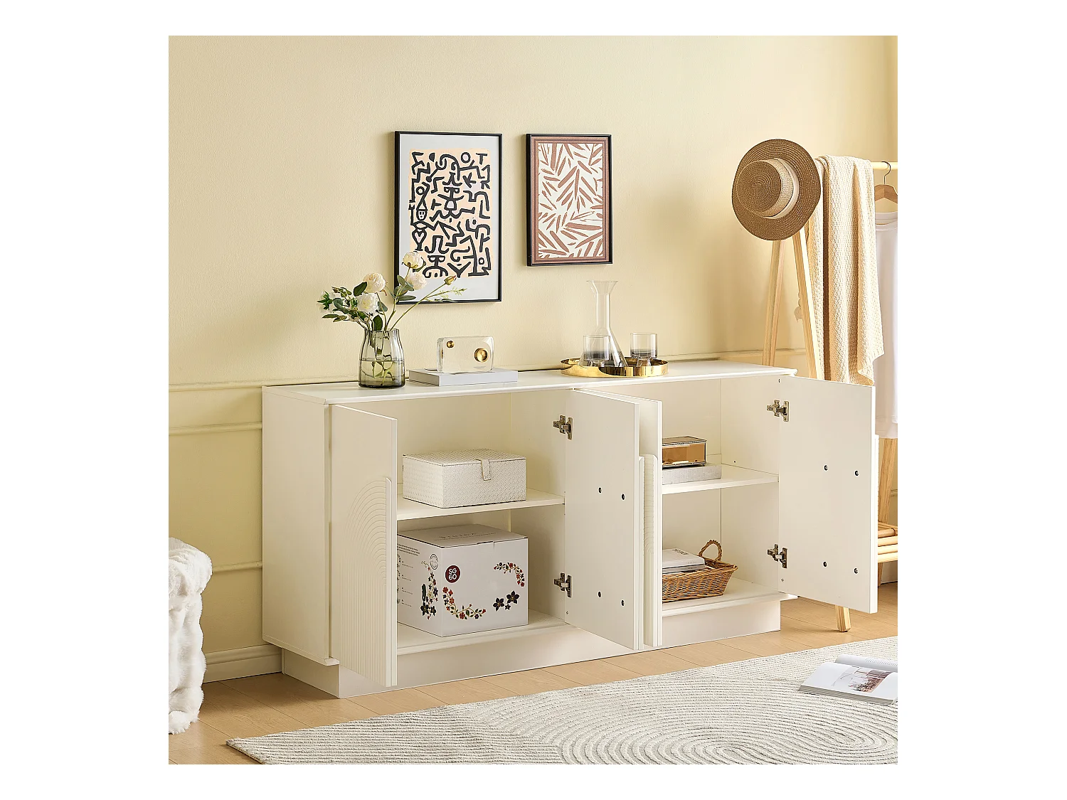 Buffet moderne avec 4 portes incurvées - pour salon et salle à manger - 160 x 38 x 80 cm - MDF - Blanc