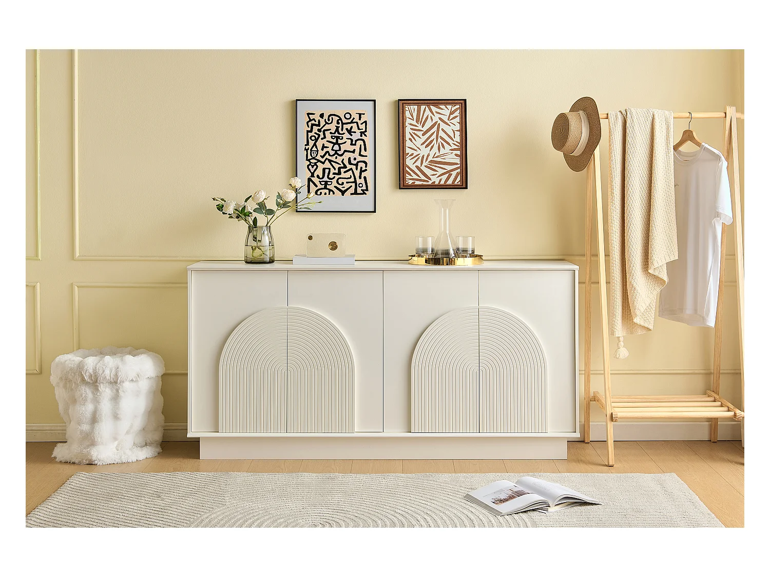 Buffet moderne avec 4 portes incurvées - pour salon et salle à manger - 160 x 38 x 80 cm - MDF - Blanc