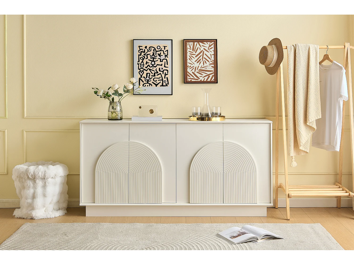 Modernes Sideboard mit 4 geschwungenen Türen – für Wohnzimmer und Esszimmer – 160 x 38 x 80 cm – MDF – Weiß