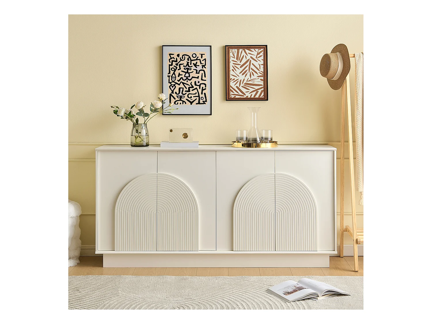 Modernes Sideboard mit 4 geschwungenen Türen – für Wohnzimmer und Esszimmer – 160 x 38 x 80 cm – MDF – Weiß