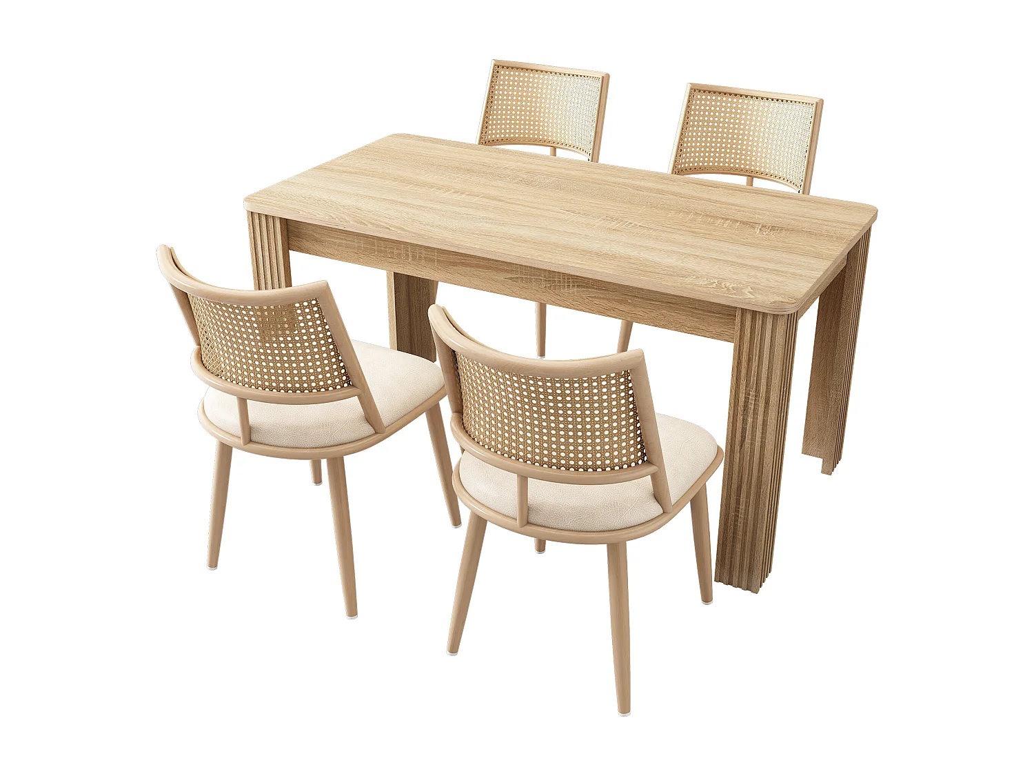 Ensemble table et chaises - table moderne + 4 chaises dossier en rotin de salon et de chambre - beige + naturel