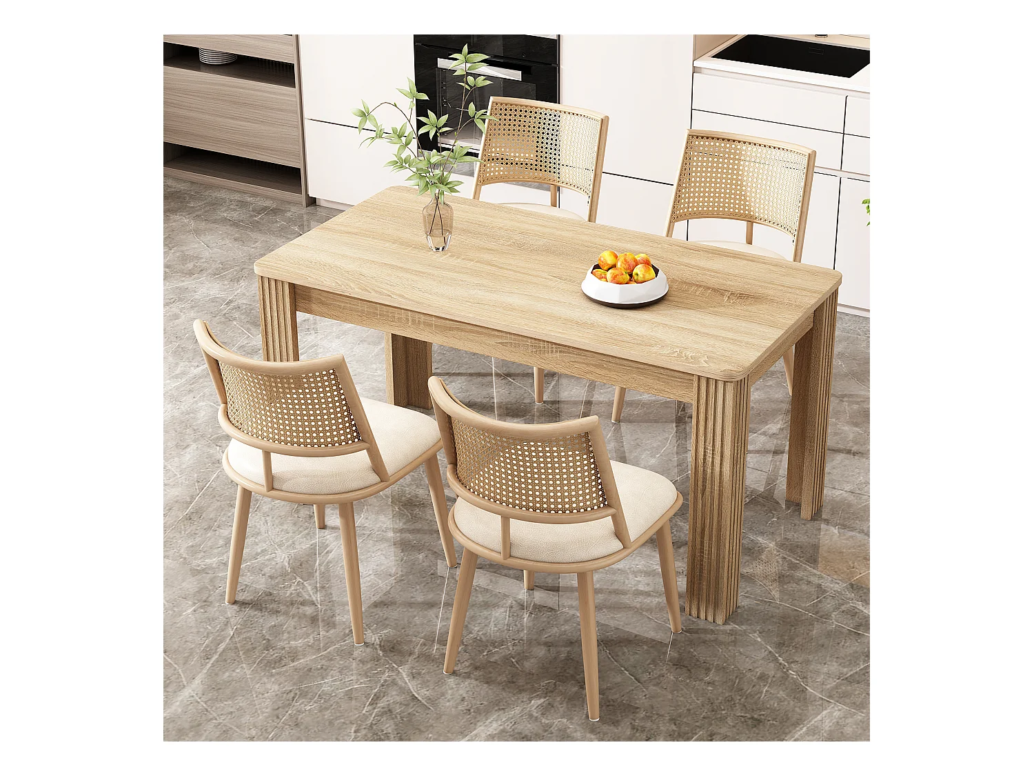 Ensemble table et chaises - table moderne + 4 chaises dossier en rotin de salon et de chambre - beige + naturel