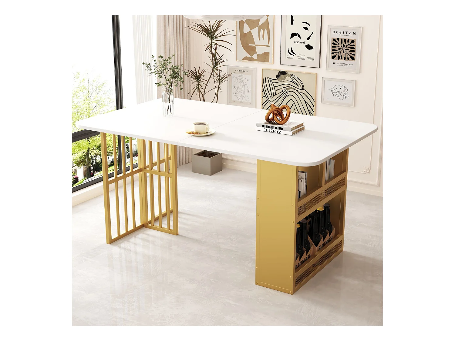 Table à manger table basse pour 4-6 personnes - pieds en métal avec rangment - blanc (156x78x78 cm)