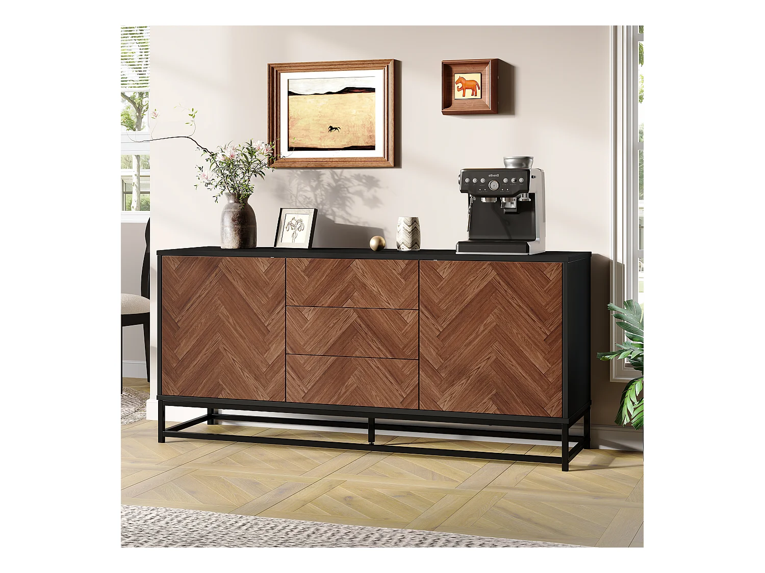 Komoda do salonu z 3 szufladami + 2 drzwiami - 145 x 40 x 67 cm - stelaż metalowy - metal + płyta wiórowa - kolor czarny