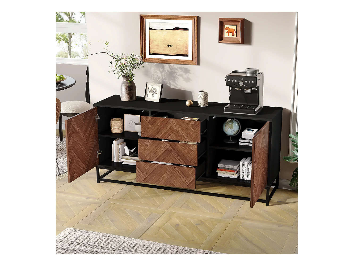 Komoda do salonu z 3 szufladami + 2 drzwiami - 145 x 40 x 67 cm - stelaż metalowy - metal + płyta wiórowa - kolor czarny