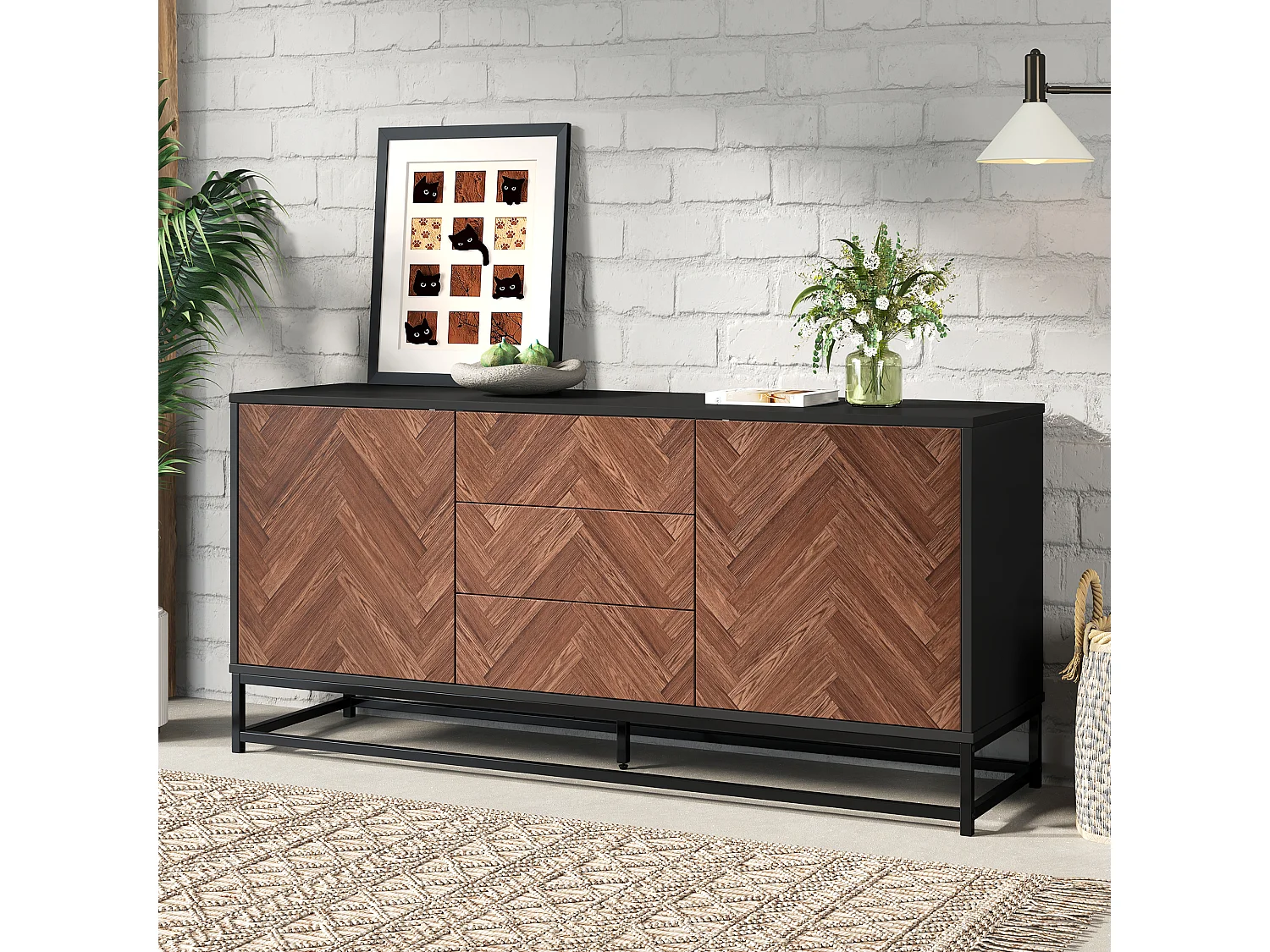 Buffet de salon avec 3 tiroirs + 2 portes - 145 x 40 x 67 cm - cadre en métal - métal + aggloméré - noir