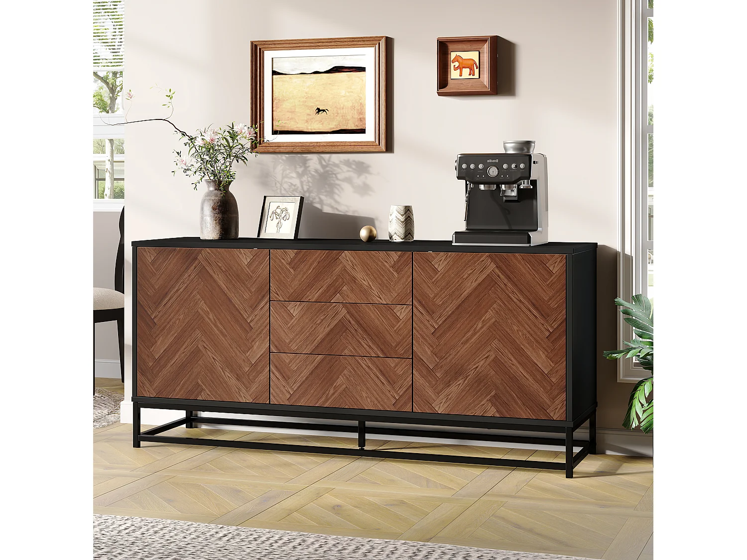 Buffet de salon avec 3 tiroirs + 2 portes - 145 x 40 x 67 cm - cadre en métal - métal + aggloméré - noir