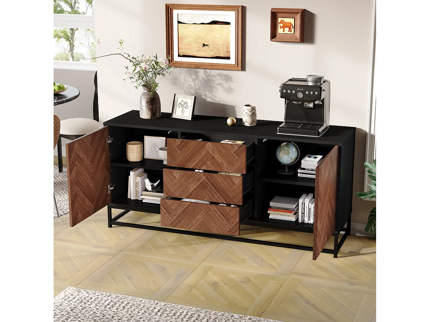 Buffet de salon avec 3 tiroirs + 2 portes - 145 x 40 x 67 cm - cadre en métal - métal + aggloméré - noir