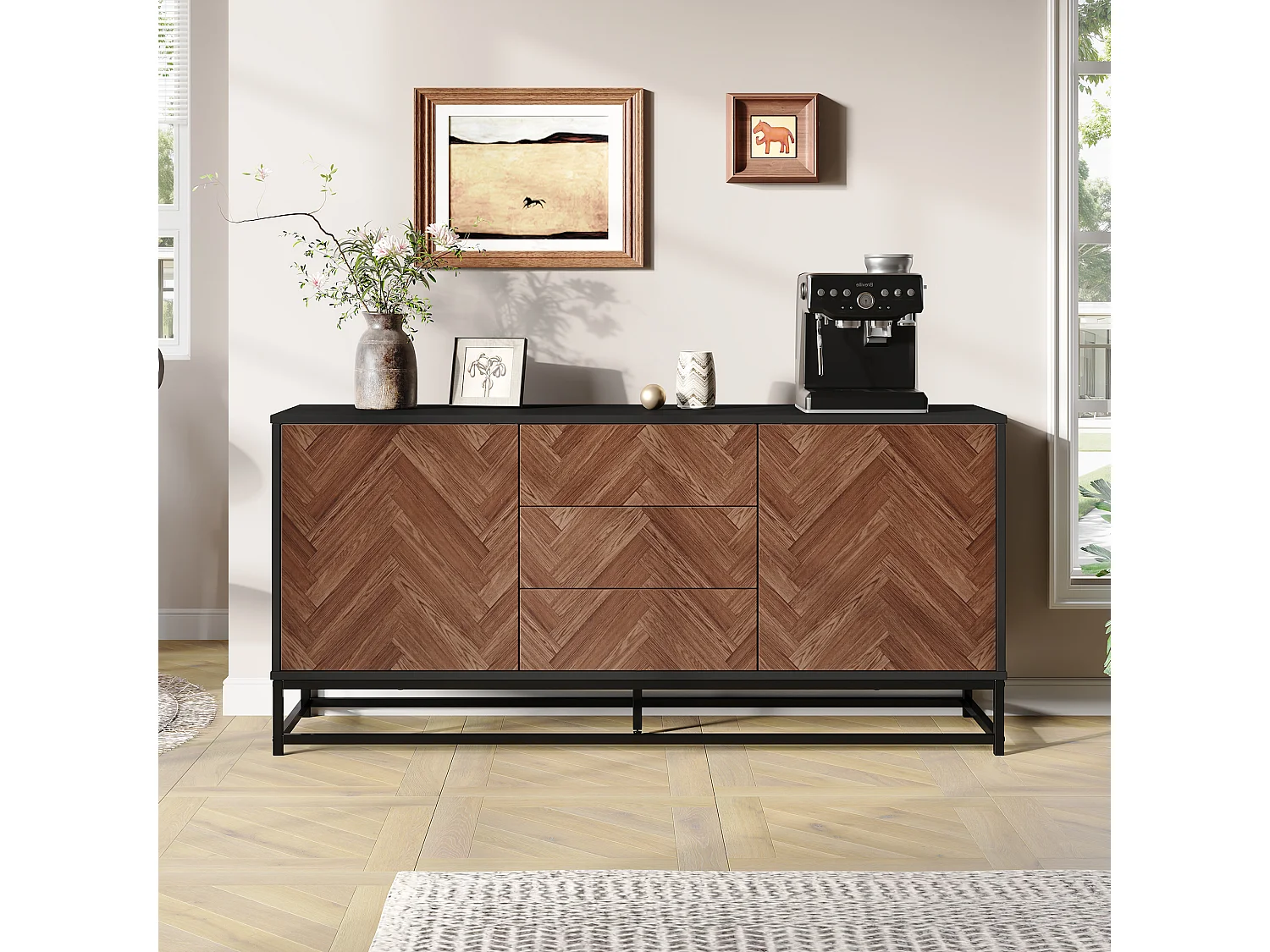 Buffet de salon avec 3 tiroirs + 2 portes - 145 x 40 x 67 cm - cadre en métal - métal + aggloméré - noir