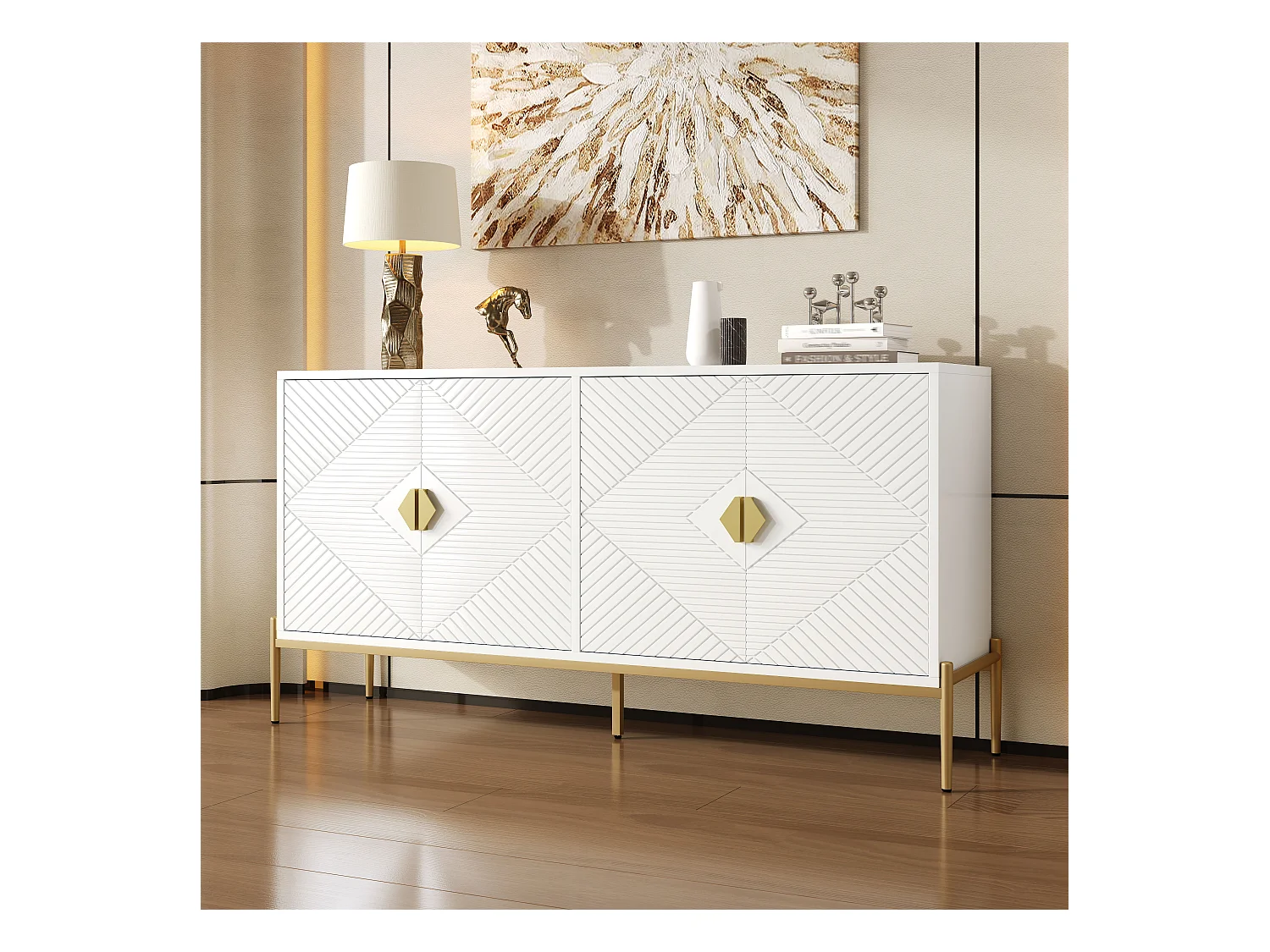 Buffets avec 4 portes - adaptés au salon/salle à manger/entrée - 162 x 40 x 80 cm - MDF + aggloméré - blanc