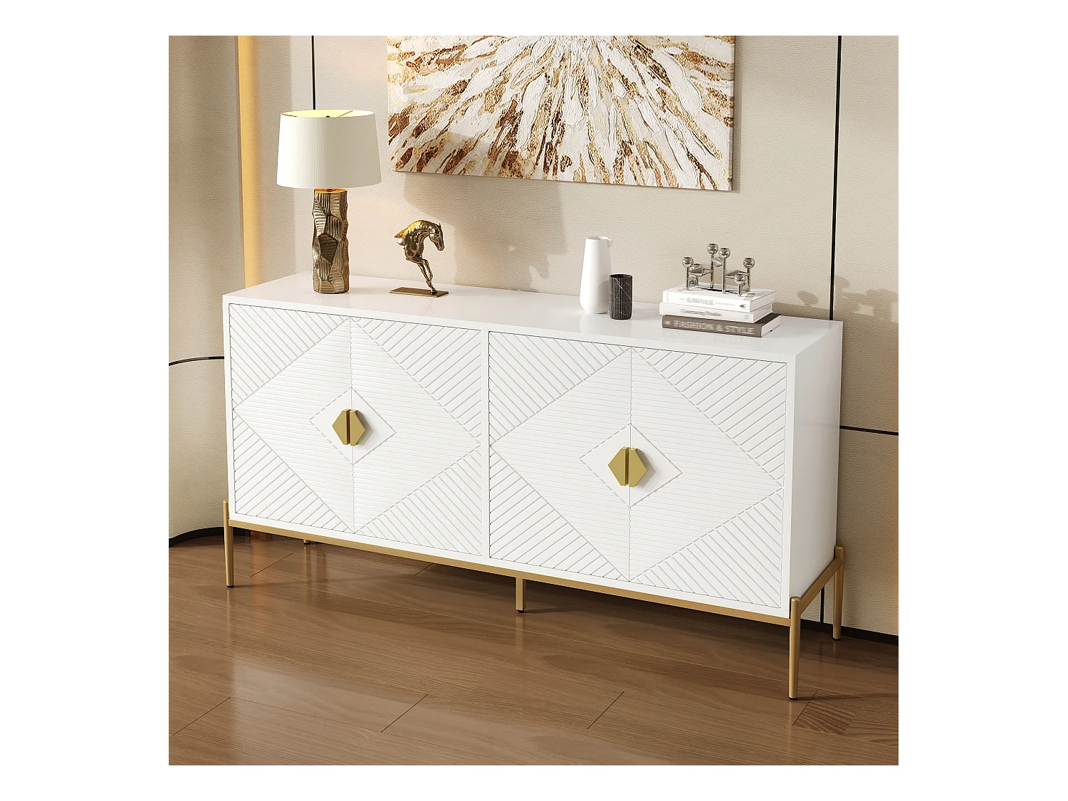 Buffets avec 4 portes - adaptés au salon/salle à manger/entrée - 162 x 40 x 80 cm - MDF + aggloméré - blanc