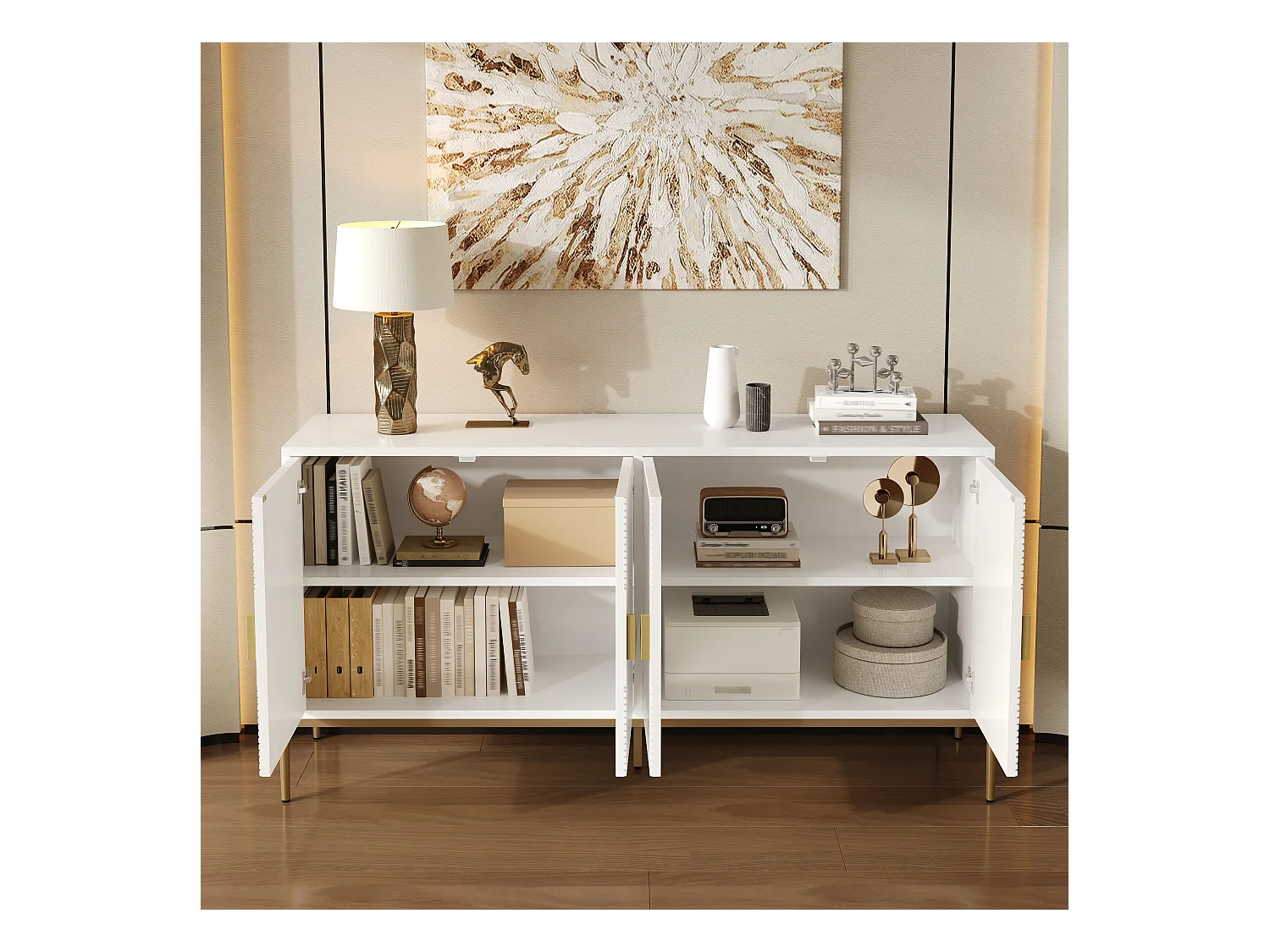 Buffets avec 4 portes - adaptés au salon/salle à manger/entrée - 162 x 40 x 80 cm - MDF + aggloméré - blanc