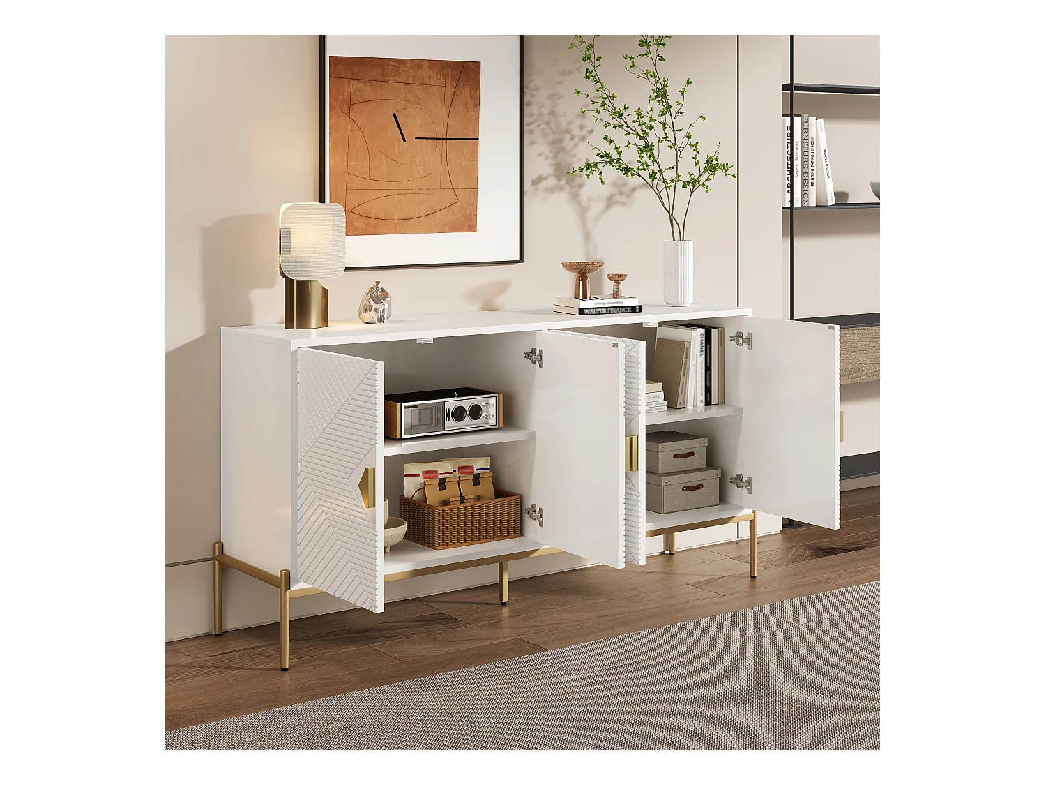 Buffets avec 4 portes - adaptés au salon/salle à manger/entrée - 162 x 40 x 80 cm - MDF + aggloméré - blanc