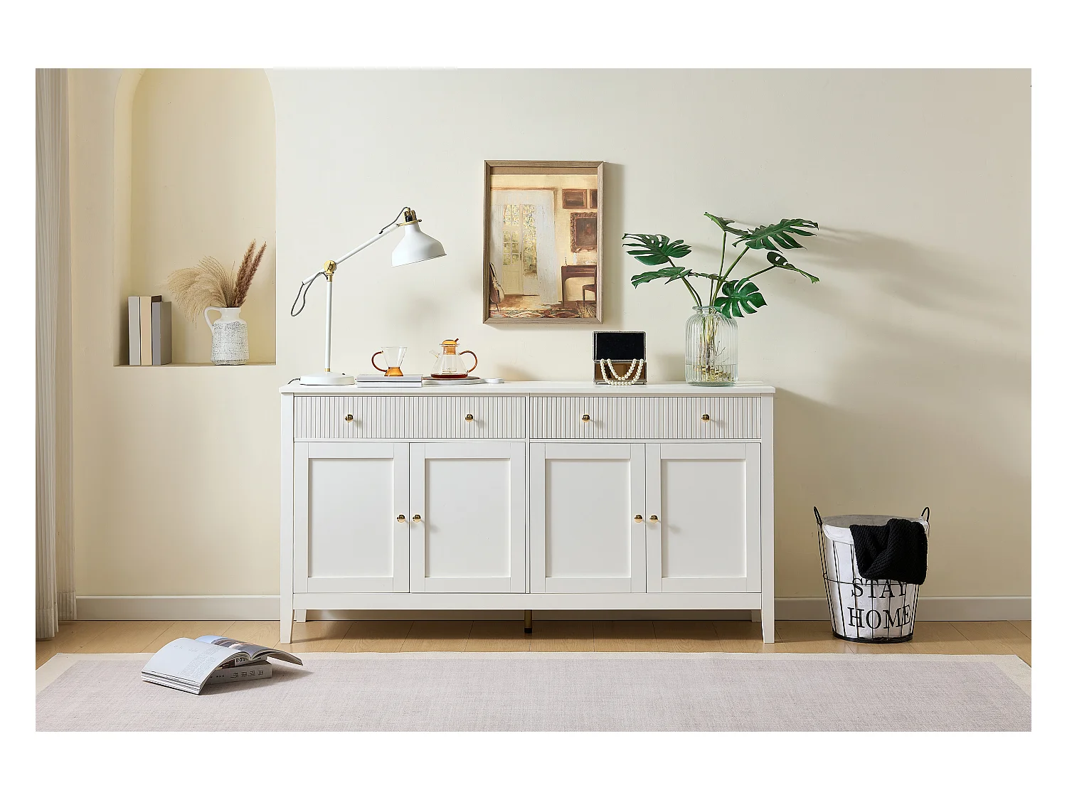 Buffet avec 2 tiroirs et 4 portes - poignées dorées - pour cuisine/salle à manger/salon - MDF - blanc