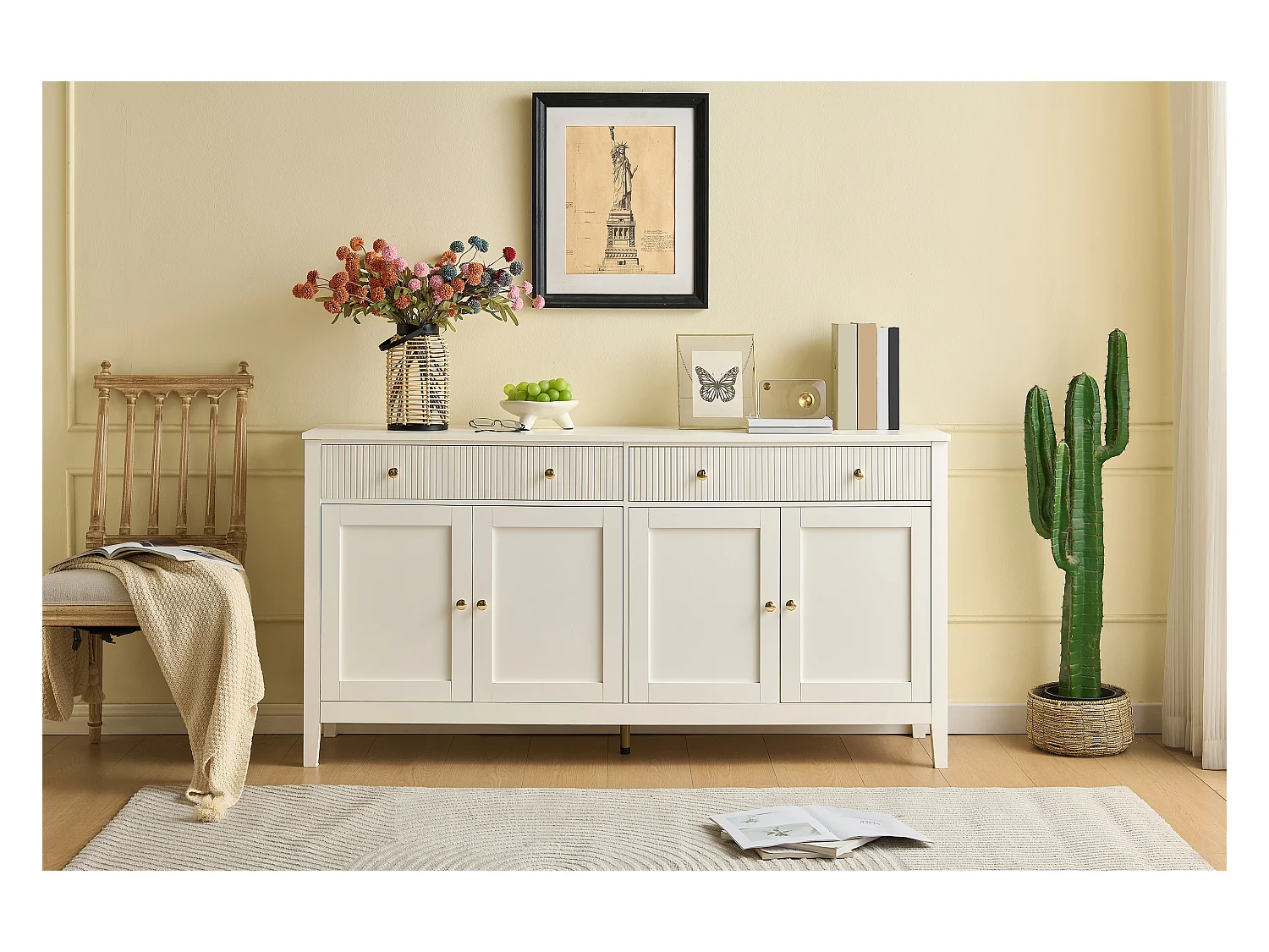 Sideboard mit 2 Schubladen und 4 Türen – goldene Griffe – für Küche/Esszimmer/Wohnzimmer – MDF – weiß