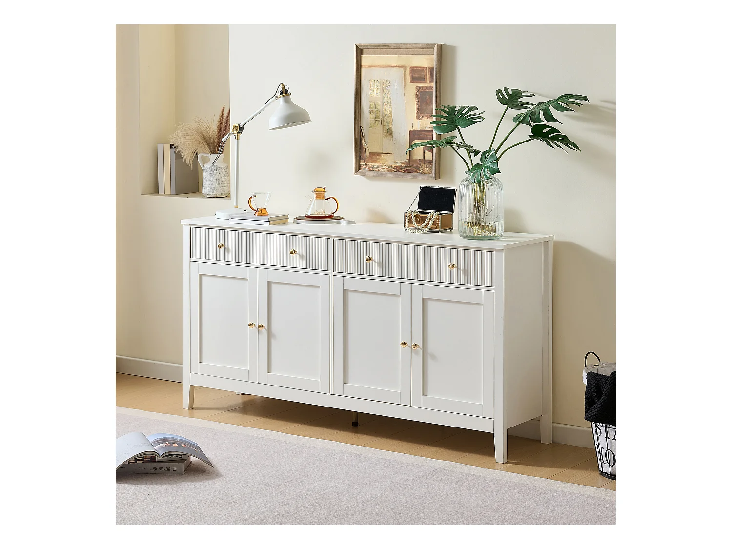 Sideboard mit 2 Schubladen und 4 Türen – goldene Griffe – für Küche/Esszimmer/Wohnzimmer – MDF – weiß