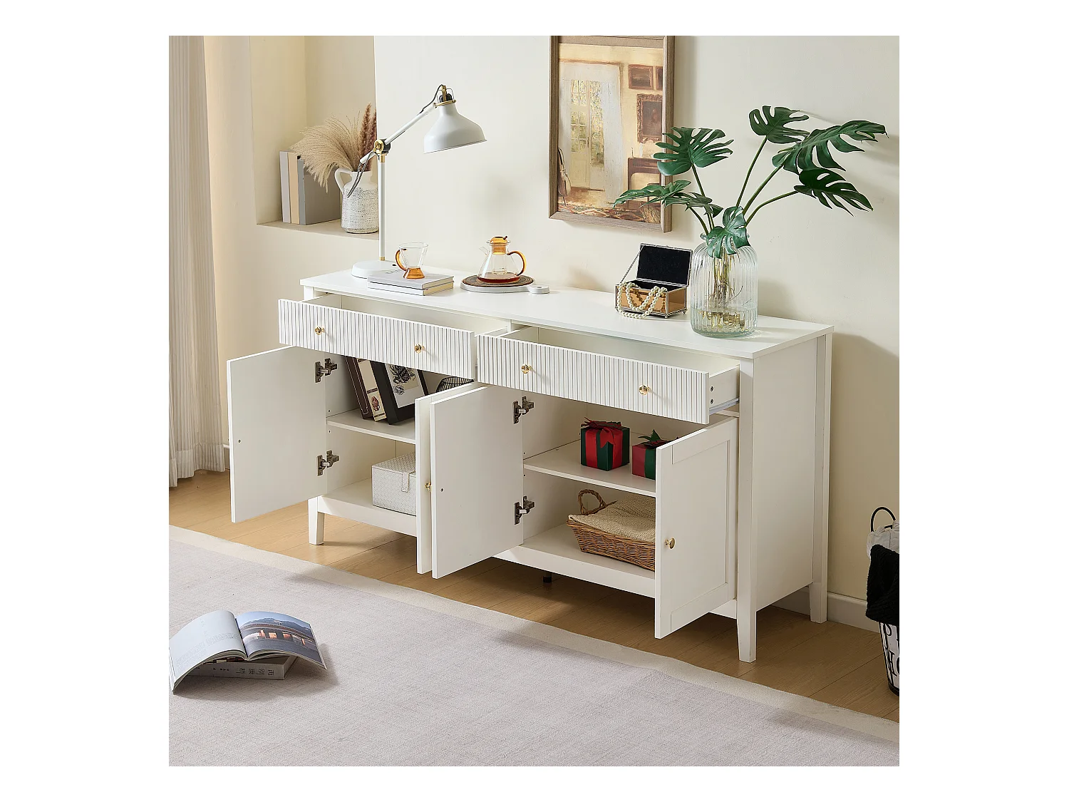 Sideboard mit 2 Schubladen und 4 Türen – goldene Griffe – für Küche/Esszimmer/Wohnzimmer – MDF – weiß