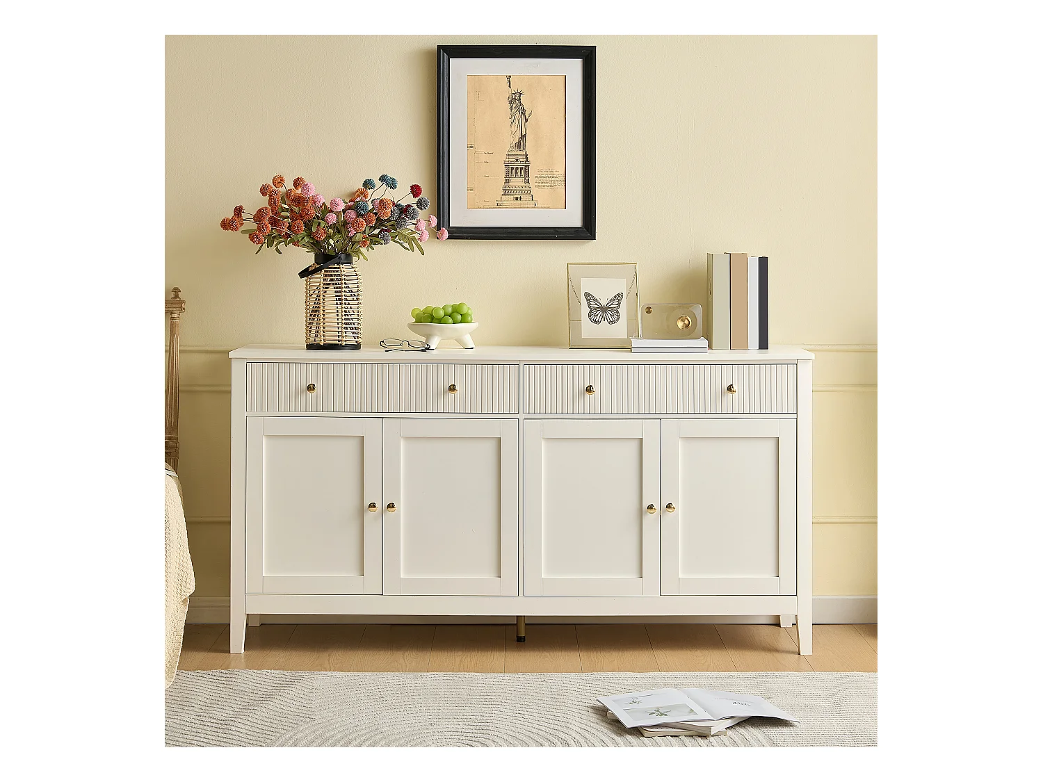 Sideboard mit 2 Schubladen und 4 Türen – goldene Griffe – für Küche/Esszimmer/Wohnzimmer – MDF – weiß