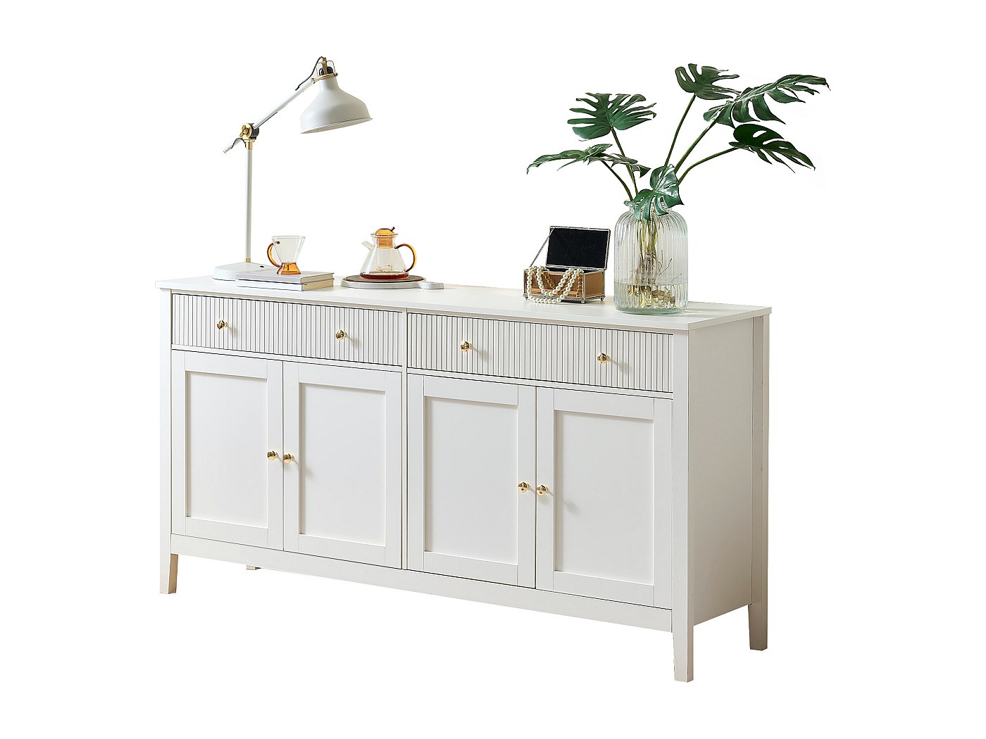 Credenza moderna 140 cm, 3 cassetti, ripiani regolabili, design bianco e legno naturale, MDF