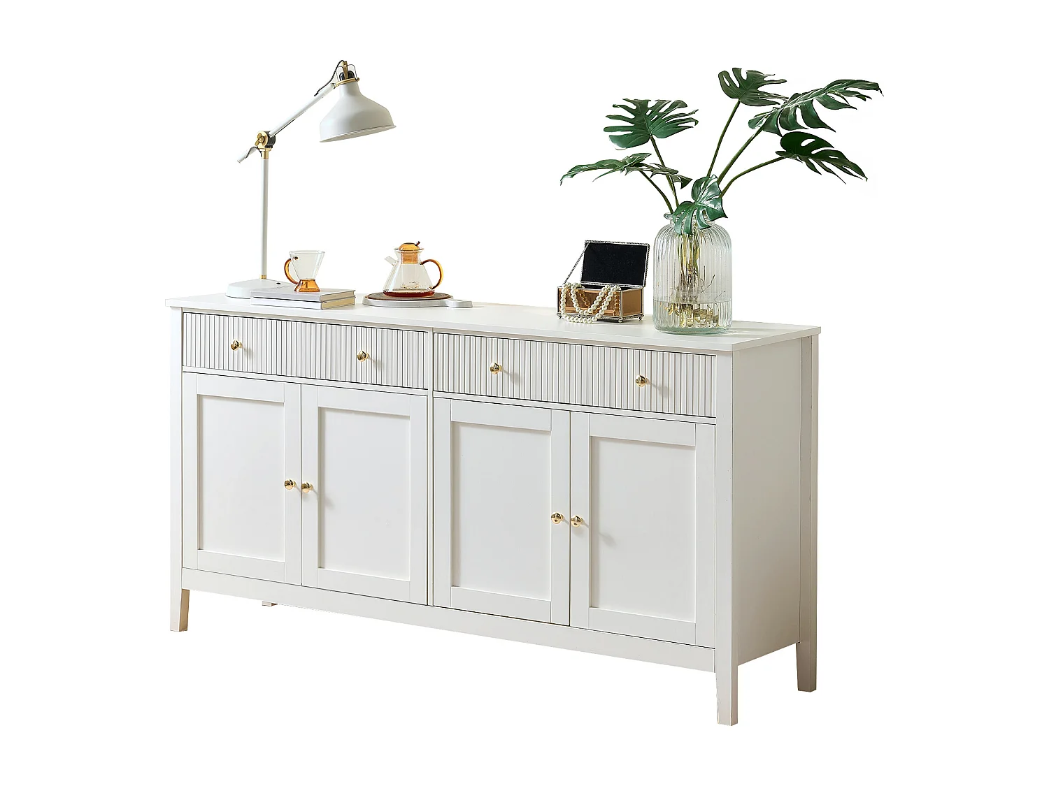 Sideboard mit 2 Schubladen und 4 Türen – goldene Griffe – für Küche/Esszimmer/Wohnzimmer – MDF – weiß