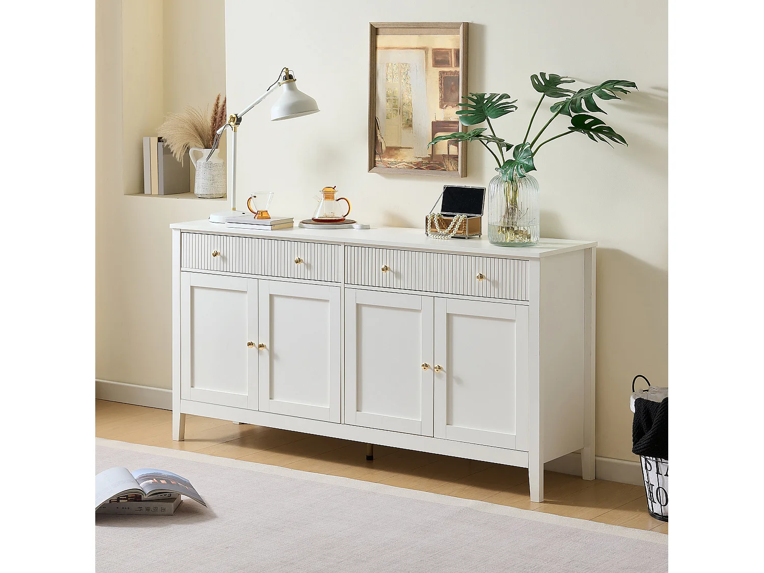 Sideboard mit 2 Schubladen und 4 Türen – goldene Griffe – für Küche/Esszimmer/Wohnzimmer – MDF – weiß
