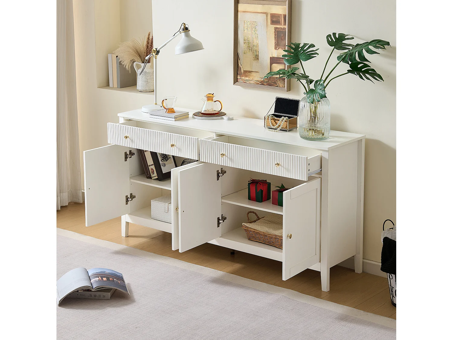 Sideboard mit 2 Schubladen und 4 Türen – goldene Griffe – für Küche/Esszimmer/Wohnzimmer – MDF – weiß