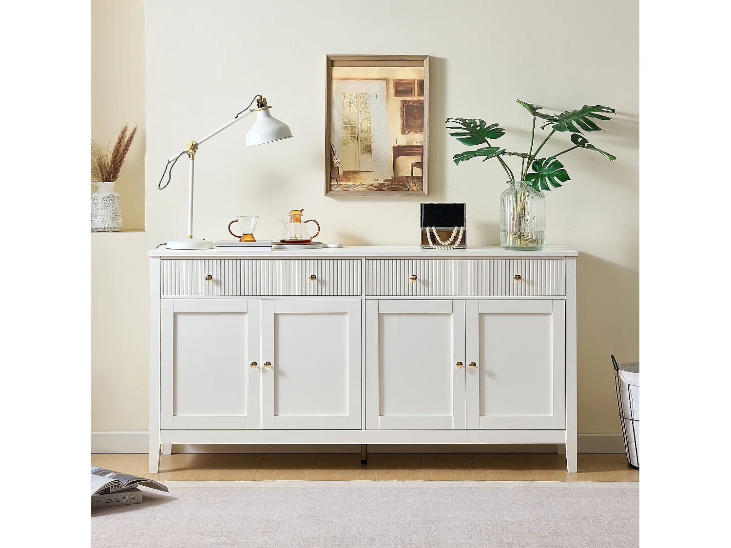 Sideboard mit 2 Schubladen und 4 Türen – goldene Griffe – für Küche/Esszimmer/Wohnzimmer – MDF – weiß