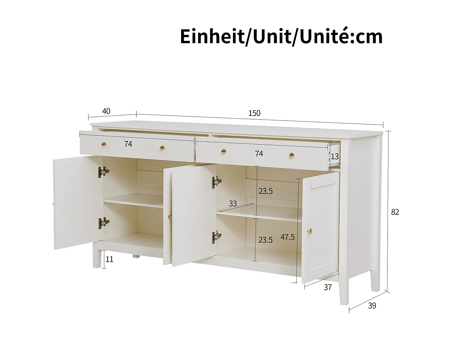 Sideboard mit 2 Schubladen und 4 Türen – goldene Griffe – für Küche/Esszimmer/Wohnzimmer – MDF – weiß