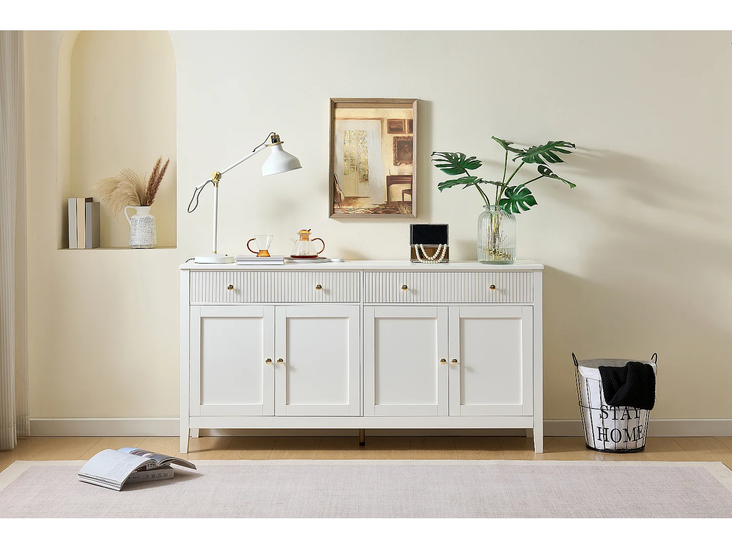 Sideboard mit 2 Schubladen und 4 Türen – goldene Griffe – für Küche/Esszimmer/Wohnzimmer – MDF – weiß